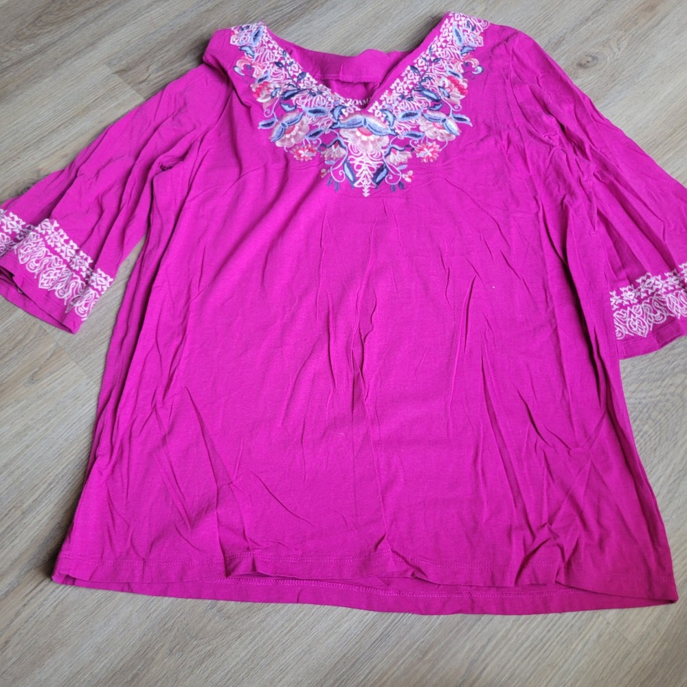 Roaman's‎ Women Top L 18/20 Magenta Cotton Rayon Floral Embroidered Boho Peasant
